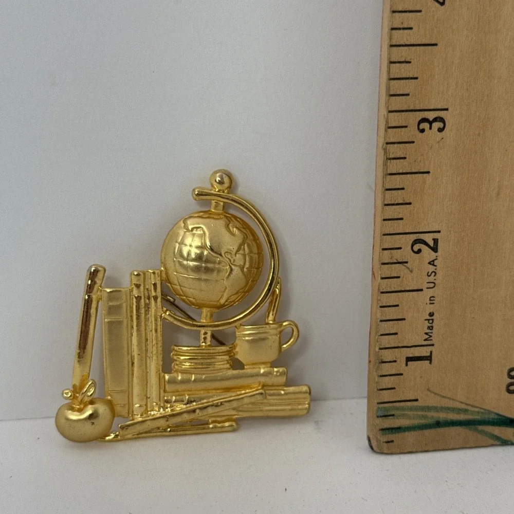 Teacher Brooch Pin Fashion Jewelry Gold Color Globe Books Apple Desk 2